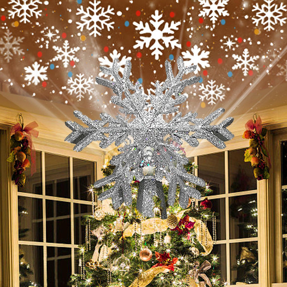 Christmas Tree Topper Lighted with Silver Snowflake Projector, Led Rotating Magic Snowflake, 3D Hollow Glitter Lighted Silver Snow Tree Topper for Christmas Tree Decorations Ornament for Indoor