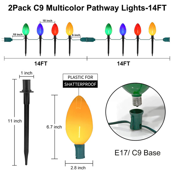 2 Pack Christmas Lights Jumbo C9 Outdoor Lawn Decorations Lights, 7Ft Jumbo Christmas Pathway Lights with 8 Marker Stakes, Giant Multicolor Bulbs for Outdoor Patio Backyard Garden
