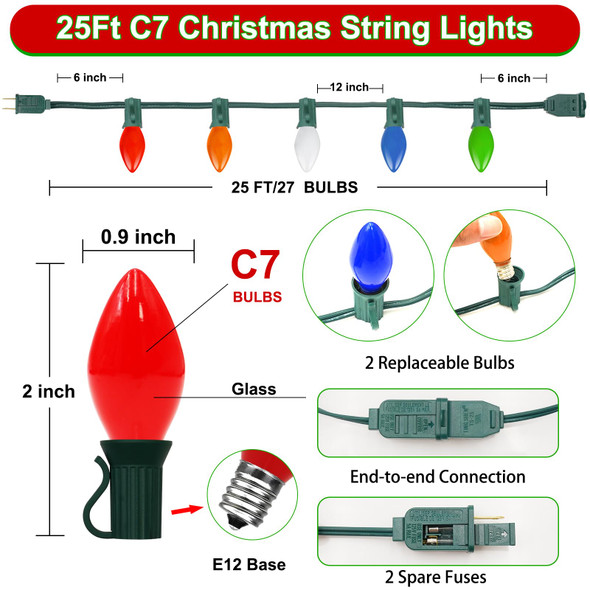 C7 Christmas Lights, 25ft Vintage Multicolor String Lights with 27 Colorful Incandescent Bulbs (2 Spare), Outdoor String Lights for Holiday Christmas Decoration