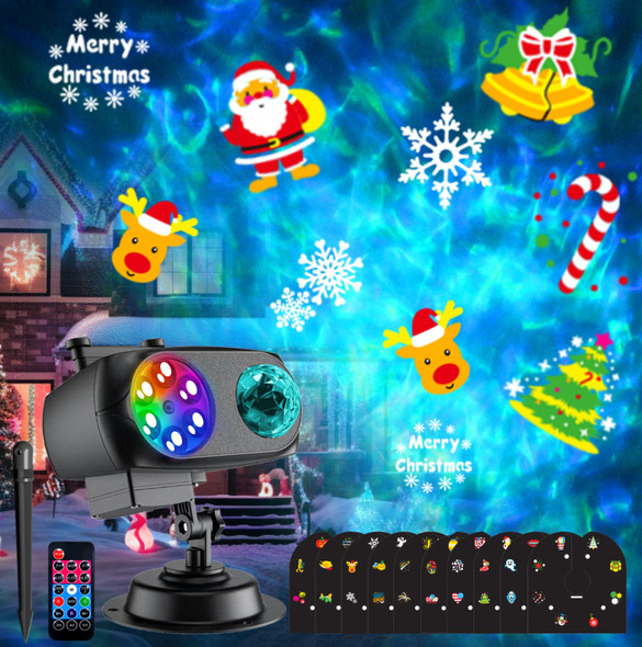 Christmas Halloween Projector Lights Outdoor, 2-in-1 Holiday LED Projection Light with 80 HD Moving Patterns & 3D Ocean Wave, IP65 Landscape Decor Lights with RF, for Year Easter Party Garden
