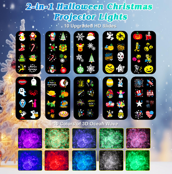 Christmas Halloween Projector Lights Outdoor, 2-in-1 Holiday LED Projection Light with 80 HD Moving Patterns & 3D Ocean Wave, IP65 Landscape Decor Lights with RF, for Year Easter Party Garden