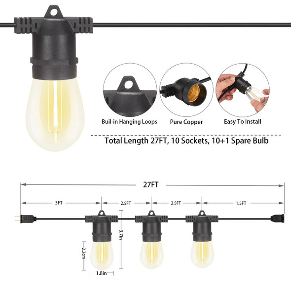 S14 LED Outdoor String Lights, Shatterproof IP65 27Ft (Maximum 918Ft) for Patio Lights Outdoor Waterproof, Outside Lights for Outdoor Lighting, Edison Vintage Backyard lights