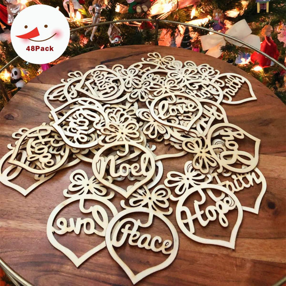 48 Pack Hollow Wood Letter Ornaments for Church Party Christmas Tree, Wedding Favor, Birthday Decoration 48 Pack Hollow Wood Letter Ornaments for Church Party Christmas Tree, Wedding Favor, Birthday Decoration