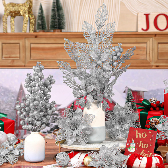 24 Pcs Artificial Glitter Christmas Tree Picks, Boxed 12 Poinsettia Flowers+ 6 Berry Stems+ 6 Flowers Berry Leaves Decorations Set, Indoor Outdoor Holiday Ornaments Decor, Sliver
