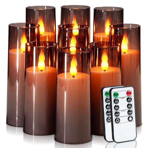 Amagic Grey Flameless Candles 9 Set, Battery Operated Candles with Remote Control and Timer, Flickering LED Pillar Candles for Home Halloween Decor, 3D Wick, Warm Yellow Light, D2.2 xH5 6" 7"