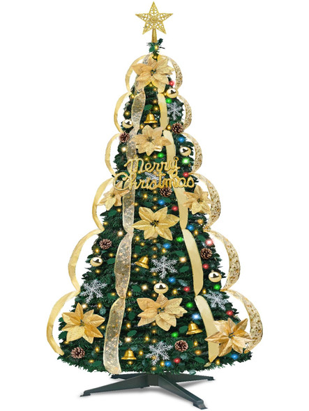 6.5Ft Prelit Fully Decorated Pop Up Christmas Tree, Dual Color Change 1 Minute Christmas Tree, 220 Warm White&Colored Lights 8 Modes Timer, 74 Ornaments&Gold Ribbon Pull Up Collapsible Xmas Tree Decor 6.5Ft Prelit Fully Decorated Pop Up Christmas Tree, Dual Color Change 1 Minute Christmas Tree, 220 Warm White&Colored Lights 8 Modes Timer, 74 Ornaments&Gold Ribbon Pull Up Collapsible Xmas Tree Decor