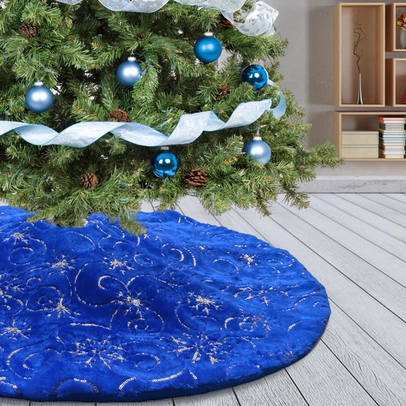 Christmas Tree Skirt Blue 48 inch Silver Christmas Tree Skirt Snowflakes Faux Fur for Xmas Holiday Home Party Decorations