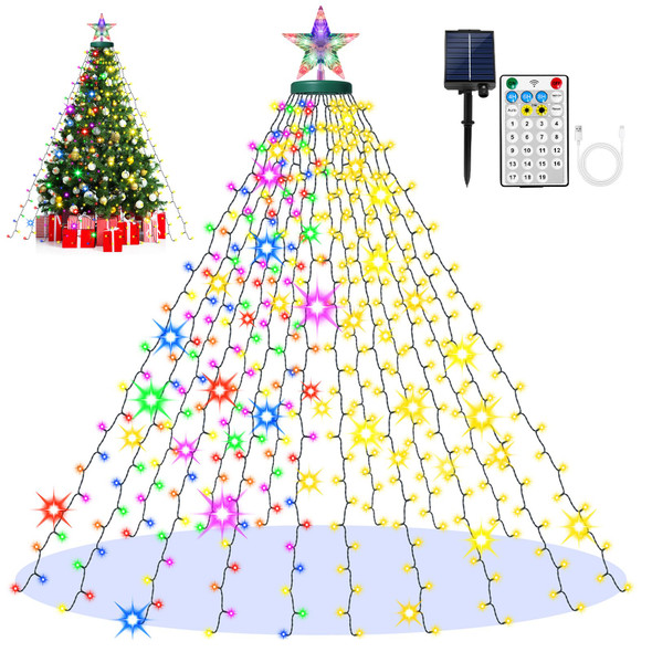 Solar Christmas Tree Lights with Star Topper, 410 LED 6.6FT x 16 Lines Christmas String Lights with 19 Models Timer Remote, Waterfall Tree Lights USB Powered for Xmas Tree(Warm White & Multi-Colored)