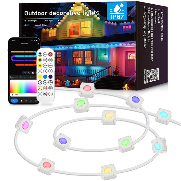 Permanent Outdoor Lights, 100ft Smart RGB with 72 LED Eaves Lights, IP67 Waterproof, 75 Scene Modes for Halloween Decorations, Christmas, and Daily Lighting—Compatible with Alexa and Google Assistant.