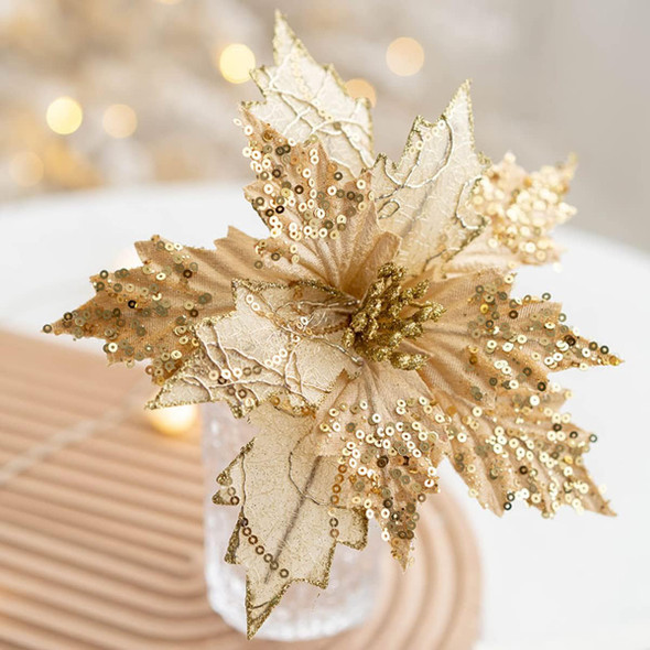 Ansho Pack of 6 Glitter Poinsettia Flower Large Artificial Christmas Flower Decoration Christmas Tree Ornaments Wreath Garland Decoration (Gold)