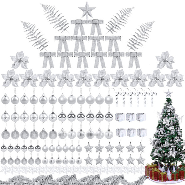 Aodaer 142 Pieces Silver Assorted Christmas Tree Ball Ornament Set Shatterproof Hanging Decoration, Christmas Tree Ball, Glitter Poinsettia, Bowknot, Tinsel, Leaves for Xmas Tree Holiday Wedding Party Aodaer 142 Pieces Silver Assorted Christmas Tree Ball Ornament Set Shatterproof Hanging Decoration, Christmas Tree Ball, Glitter Poinsettia, Bowknot, Tinsel, Leaves for Xmas Tree Holiday Wedding Party