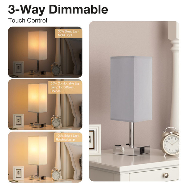 Bedside Table Lamp Touch Control, with USB C+A Charging Ports & Dual AC Outlets, 3-Way Nightstand Lamp for Bedroom with LampShade Living Room Office(LED Dimmable Bulb Included)