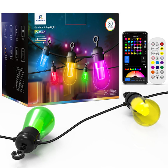 Outdoor String Lights 84FT, 30 Dimmable Color Changing LED Patio Lights with 111 Scene Modes, Warm White LED Bulbs for Outside, Christmas, Work with Alexa, Google, APP Control, IP65 Waterproof