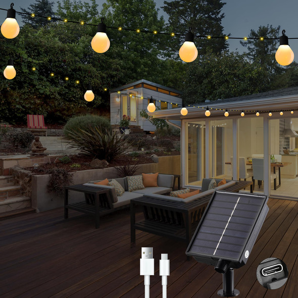 Solar Christmas Lights Outdoor with 20 G40 Bulbs Waterproof 33 Feet 100 LED Solar String Lights for Christmas Decorations USB Port Solar Powered Lights for Outside Garden Backyard Party Decor