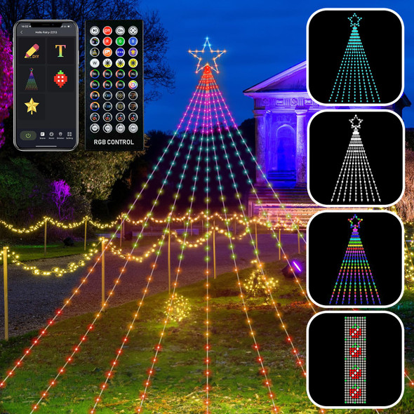Outdoor Smart Christmas Waterfall Star Lights, 11.8Ft 344 LED Waterfall Tree Lights with App Control Music Sync, Waterproof RGB Color Changing Star String Lights for Patio Xmas Decorations Party