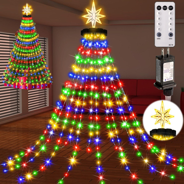 Christmas Tree Lights with Ring 400LED Christmas String Lights with Bethlehem Star Topper 6.6FT x 20 Lines Waterfall Tree Lights 8 Modes & Waterproof Tree Lights for Yard Indoor Outdoor Xmas Decor
