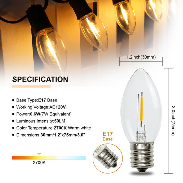 50PACK C9 LED Christmas Light Bulb ，C9 LED Replacement Bulb for Christmas String Lights, E17 Intermediate Base, 2700K Warm White, Commercial Grade Holiday Clear ‎Plastic Bulbs Dimmable Shatterproof