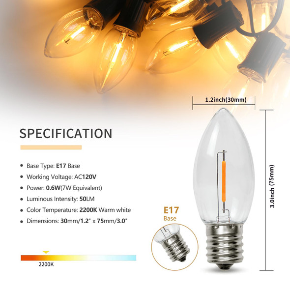 50PACK C9 LED Christmas Light Bulb ，C9 LED Replacement Bulb for Christmas String Lights, E17 Intermediate Base, 2200K Warm White, Commercial Grade Holiday Clear ‎Plastic Bulbs Dimmable Shatterproof