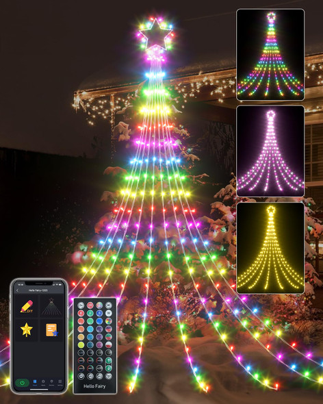 23FT Outdoor Christmas Decorations Star String Lights, Smart RGB Led Tree Lights Waterfall DIY Preset Scenes App Remote Control Large Unique Yard Lights for Outside Roof Home Xmas Holiday Decor