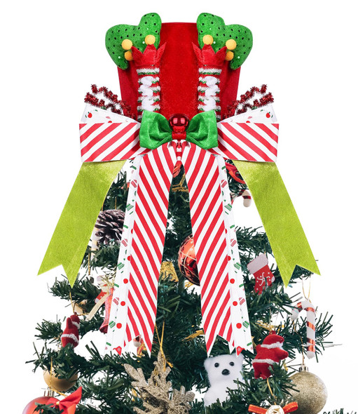 Christmas Tree Topper Hat, Elf Legs Xmas Tree Toppers Large Red Velvet Hat with Lengthened Bowknot, Christmas Tree Ornaments for Christmas Holiday Home Decoration Christmas Tree Topper Hat, Elf Legs Xmas Tree Toppers Large Red Velvet Hat with Lengthened Bowknot, Christmas Tree Ornaments for Christmas Holiday Home Decoration