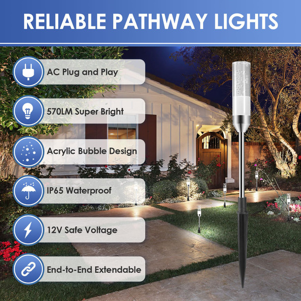 B-right Outdoor Pathway Lights, 6 Pcs LED Path Lights AC Plug 12V Low Voltage Landscape Lighting 570 Lumens, Extendable IP65 Waterproof Outdoor Garden Lights for Patio Yard Walkway, Cool White 6000K
