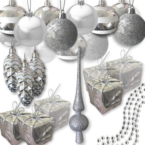 Christmas Tree Ornaments - Set of 27 - Assorted Styles and Shapes - Xmas Holiday Balls, Silver Presents, Shiny Pine Cones with White Glitter and a Tree Topper 1.5" to 3.5" Christmas Tree Ornaments - Set of 27 - Assorted Styles and Shapes - Xmas Holiday Balls, Silver Presents, Shiny Pine Cones with White Glitter and a Tree Topper 1.5" to 3.5"