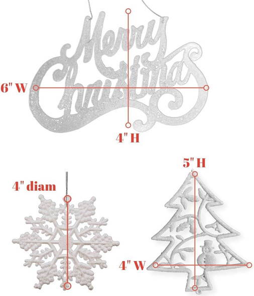 Christmas Ornament Set - 16 Pc Assorted Ornaments - Silver Glittered Plastic Tree Decorations - Merry Christmas, Tree, Snowflakes Christmas Ornament Set - 16 Pc Assorted Ornaments - Silver Glittered Plastic Tree Decorations - Merry Christmas, Tree, Snowflakes