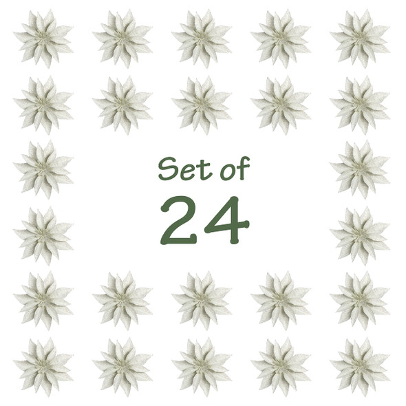 BANBERRY DESIGNS White Poinsettia Flower Christmas Ornaments Set of 24 Glittered Clip-On Accessories Floral Accessories Xmas Decorations Each Measures 4" D BANBERRY DESIGNS White Poinsettia Flower Christmas Ornaments Set of 24 Glittered Clip-On Accessories Floral Accessories Xmas Decorations Each Measures 4" D