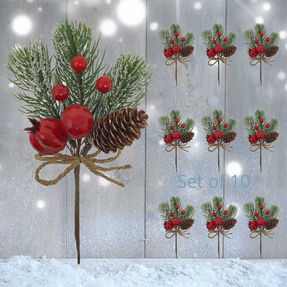 BANBERRY DESIGNS Christmas Decorating Picks - Set of 10 - Snow Flocked Pine Greenery with Pinecone & Red Berries - Xmas Holiday Accents for Wreath, Garland, s BANBERRY DESIGNS Christmas Decorating Picks - Set of 10 - Snow Flocked Pine Greenery with Pinecone & Red Berries - Xmas Holiday Accents for Wreath, Garland, s