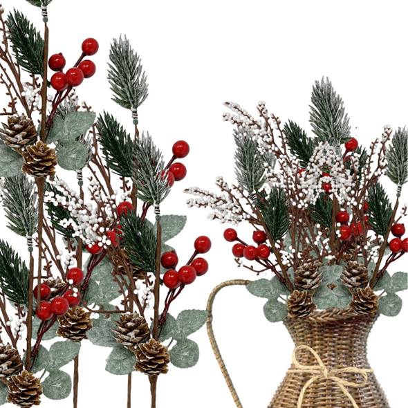BANBERRY DESIGNS Pine Berry Christmas Picks with White Pip and Red Holly Berries - Set of 10 - Pinecone Floral Sprays with Bendable Stems - 11" H BANBERRY DESIGNS Pine Berry Christmas Picks with White Pip and Red Holly Berries - Set of 10 - Pinecone Floral Sprays with Bendable Stems - 11" H