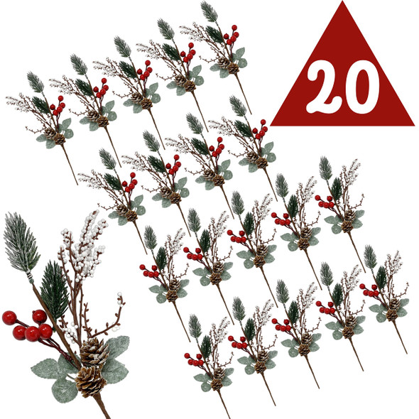 BANBERRY DESIGNS Pine Berry Christmas Picks with White Pip and Red Holly Berries - Set of 10 - Pinecone Floral Sprays with Bendable Stems - 11" H BANBERRY DESIGNS Pine Berry Christmas Picks with White Pip and Red Holly Berries - Set of 10 - Pinecone Floral Sprays with Bendable Stems - 11" H