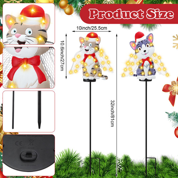2 Pack Solar Christmas Stake Lights, LED Christmas Decorative Stakes Metal Cat with Santa Hat for Outdoor Xmas Pathway Lights Holiday Lawn Yard Garden Decoration, 32 Inches