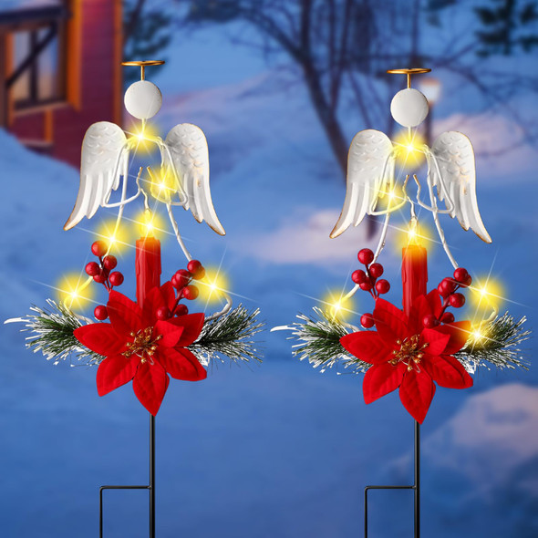 2 Pcs Solar Christmas Angel Stake Lights Yard Decorations Christmas Garden Stake Decor Metal Angel Solar Lights Outdoor Garden with LED Candle for Pathway Holiday Winter Decoration