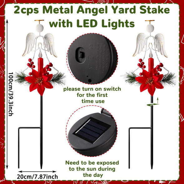 2 Pcs Solar Christmas Angel Stake Lights Yard Decorations Christmas Garden Stake Decor Metal Angel Solar Lights Outdoor Garden with LED Candle for Pathway Holiday Winter Decoration