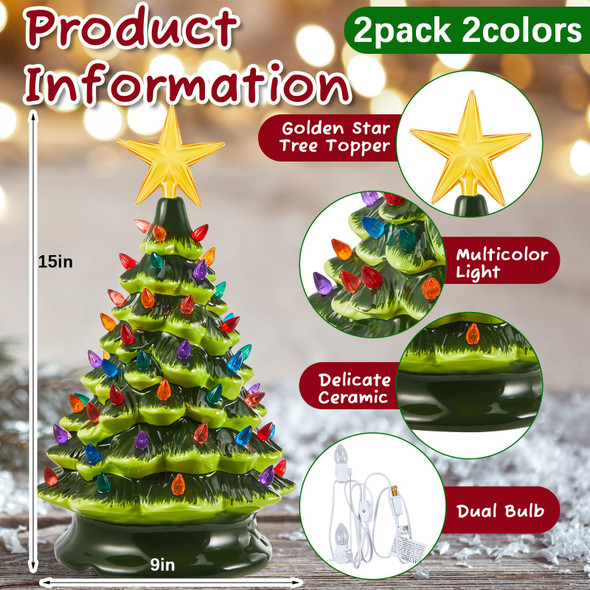 2 Pack 15 Inch Ceramic Christmas Tree, Pre Lit Lighted Tabletop Tree Hand Painted Prelit Xmas Tree Figurine with Multicolored Bulbs for Home Office Table Decoration(Green, White) 2 Pack 15 Inch Ceramic Christmas Tree, Pre Lit Lighted Tabletop Tree Hand Painted Prelit Xmas Tree Figurine with Multicolored Bulbs for Home Office Table Decoration(Green, White)