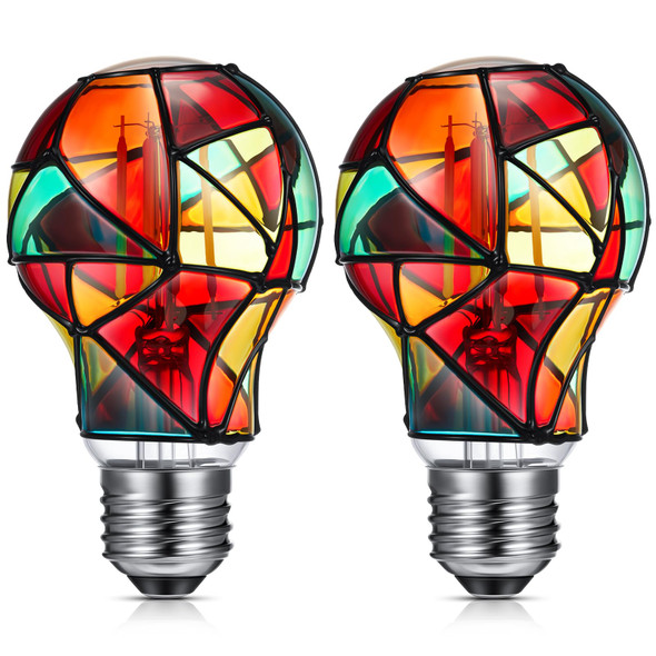 2 Pcs Stained Glass LED Light Bulb E26 Base Colorful Lightbulb 120V Flickering Lightbulb Bulbs for Christmas Xmas Home Balcony Garden Party Decoration (A60)