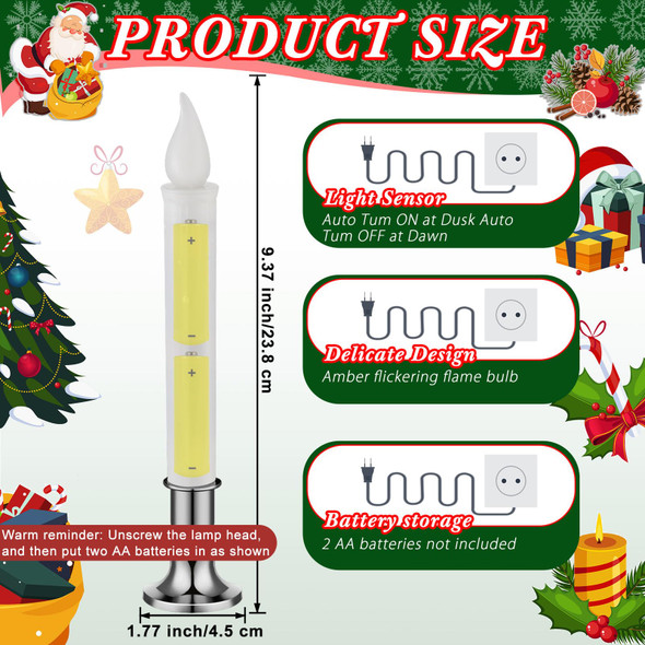 8 Pcs Christmas LED Window Candles with Sensor Dusk to Dawn Light Sensor 9.37 Inches Cordless Flameless Battery Taper Candles with Flickering Amber Flame for Home Decor (Silver)