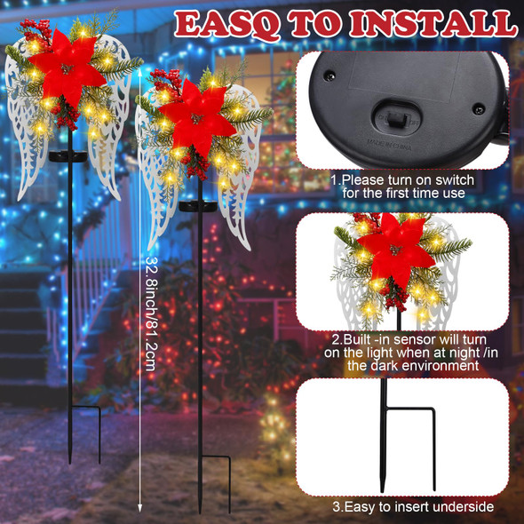 2 Pack Christmas Outdoor Decorations Solar Stake Lights, Led Angel Wings Metal Stakes with Big Poinsettia Flower, Grave Decorations Lighted Pathway Lights for Lawn Garden Cemetery Decorations