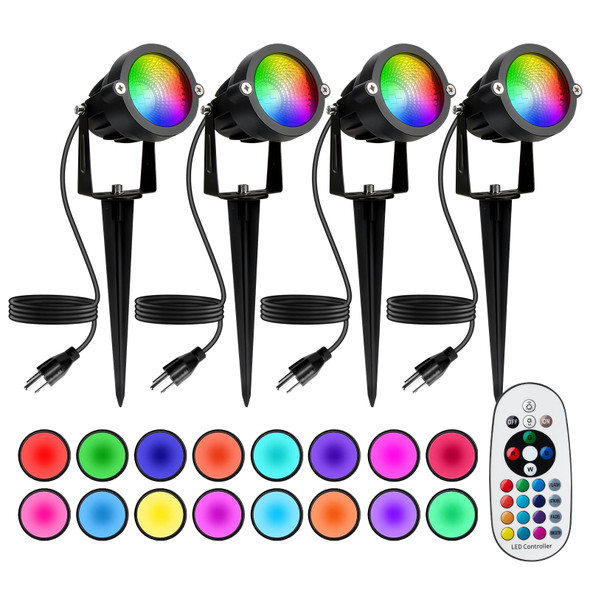 Halloween Christmas Spotlight Outdoor: 12W RGBW LED Spot Lights Outdoor with 16 Color Changing for Yard Garden Decor 4 Pack of IP65 Waterproof 120V Plug in Landscape Lighting with Remote