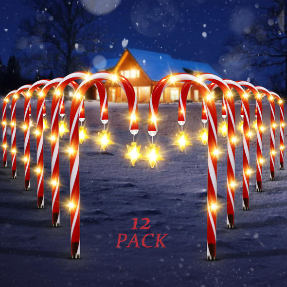 12 Pack Outdoor Christmas Decorations Solar Christmas Candy Cane Lights Solar Christmas Pathway Lights Outdoor Waterproof with Star & Bright LED 8 Modes Xmas Decorations for Outside Yard Garden