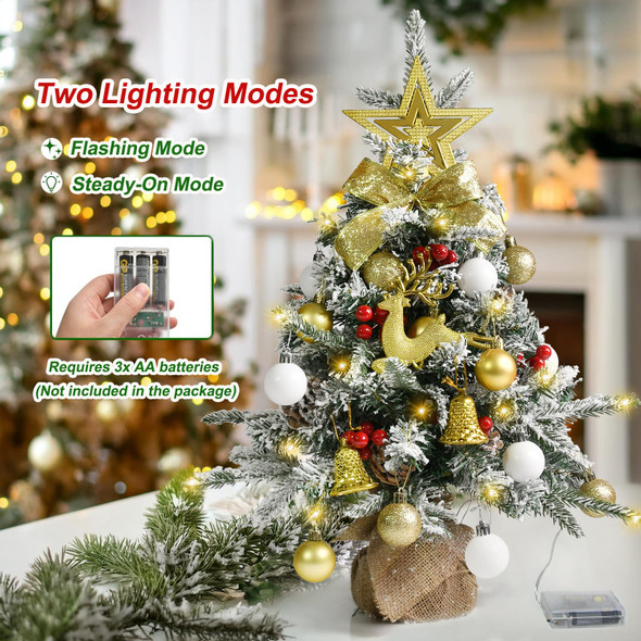 Tabletop Christmas Tree 24 Inch / 2 FT Mini Artificial Christmas Tree with 40 LED Lights, Battery Operated Small Xmas Tree for Indoor Tabletop or Desktop Decoration (White and Gold Ornament Tree)