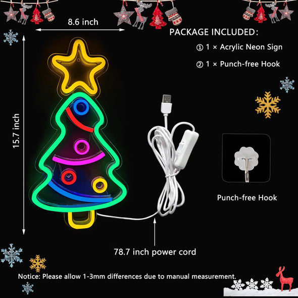 Christmas Tree Neon Sign, Xmas Trees LED Neon Signs for Wall Decor Art, USB Powered Acrylic Neon Lights for Bedroom Kids' Room Home Decoration Man Cave Birthday Bar Wedding Party Decorations