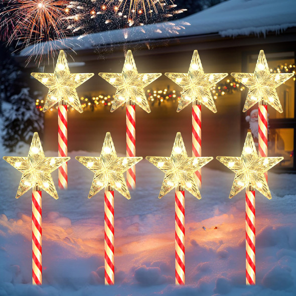 Solar Christmas Lights Outdoor Decorations: 8 Pack Star Christmas Pathway Lights Waterproof, 8 Modes Christmas Stake Lights for Outside Walkway, Xmas, Holiday Decor Christmas -Warm Glow
