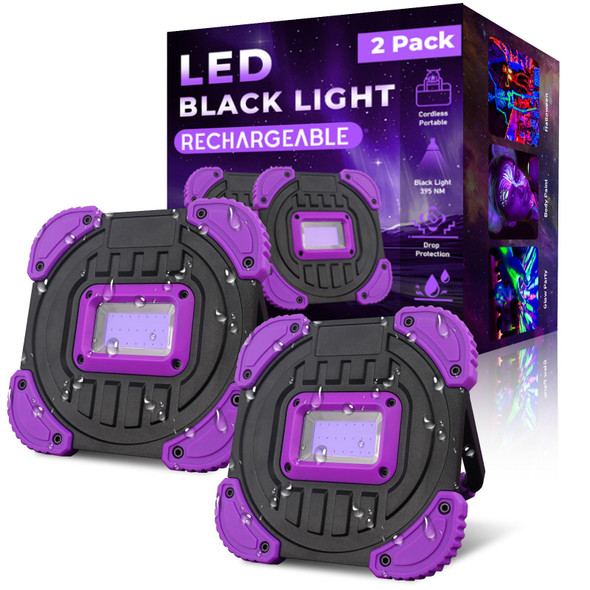 Rechargeable Black Light, Cordless 395nm Battery Powered Blacklights for Glow Party, IP65 Waterproof, Body Painting, Fishing, Halloween, Neon Glow Party, Christmas, s, 2 Pack