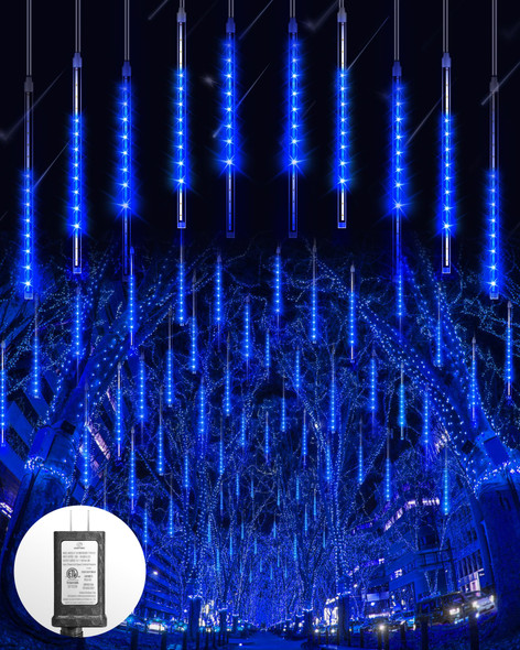 Blingstar Meteor Shower Lights Outdoor 10Tubes 16 Inch 360 LED Christmas Lights Waterproof Falling Rain Lights Plug in Dripping Icicle Lights for Tree Porch Roof Yard Xmas Halloween Decoration, Blue