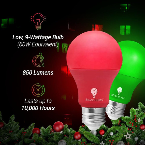 Bluex Bulbs 2 Pack Bluex LED A19 Green Light Bulb - 9W (60Watt Equivalent) - E26 Base LED Green Lights, Party Decoration, Porch, Home Lighting, Holiday Lighting, Decorative Illumination Green Bulb