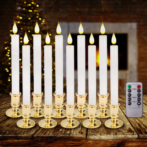 Flameless Window Candles with Remote Timer 10 PCS Battery Operated LED Flickering Taper Candle Lights with Removable Gold Candle Holders Best for Xmas Wedding Home Dinner Decor
