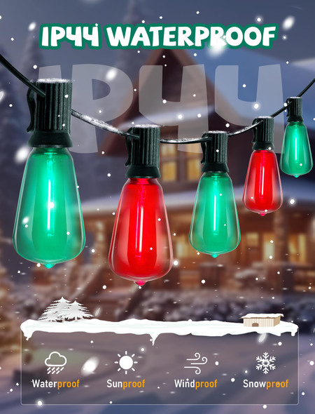 50FT Outdoor Multicolor Light String, LED Dimmable Christmas Red/Green Light Outdoor Waterproof, with 27 ST38 Shatterproof LED Filament Bulbs, Suitable for Christmas, Party, Outdoor Patio, Cafe