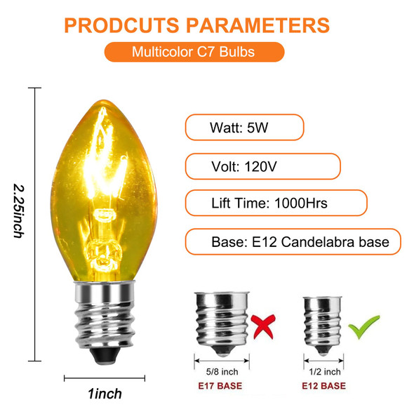 C7 Multicolor Christmas Replacement Bulbs, 25 Pack Vintage Outdoor Light Bulbs for Christmas Wedding Backyards Patio Decor, E12 Candelabra Base-5 Watt Bulb