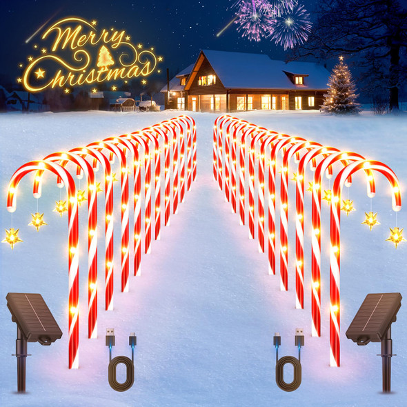 24 Pack Christmas Decorations Outdoor, 56.5ft Long 10 Modes Solar Candy Cane Christmas Pathway Lights Outdoor, Solar Powered and USB Charging, Waterproof Outside Christmas Decorations for Yard Garden 24 Pack Christmas Decorations Outdoor, 56.5ft Long 10 Modes Solar Candy Cane Christmas Pathway Lights Outdoor, Solar Powered and USB Charging, Waterproof Outside Christmas Decorations for Yard Garden